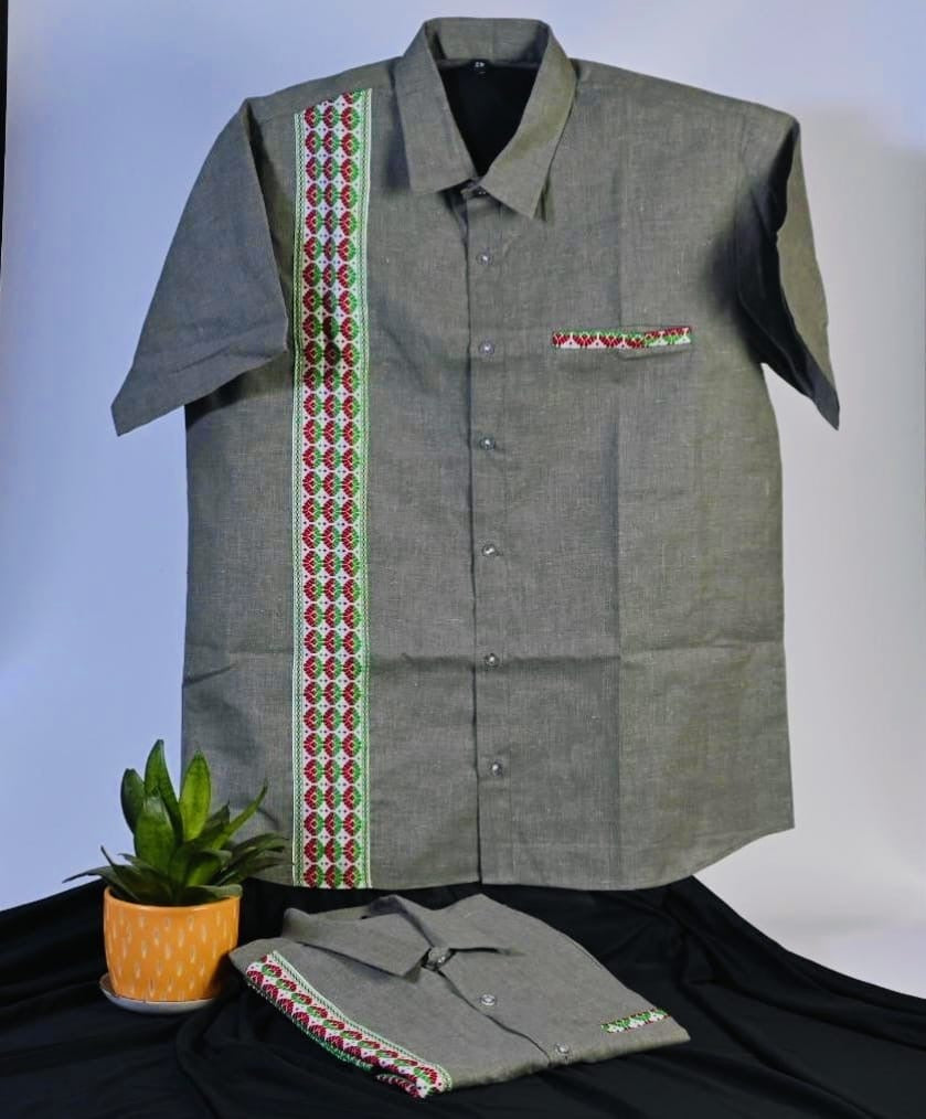 OLIVE ASSAMESE TRADITIONAL PATTERNED MEN’S SHIRT